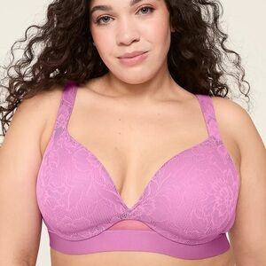 CACIQUE Comfort Bliss Lightly Lined Plunge Lace Overlay Bra 38C Fuchsia Pink NWT